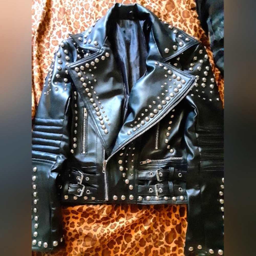 NWOT STUDDED VEGAN LEATHER JACKET - Picture 2 of 4